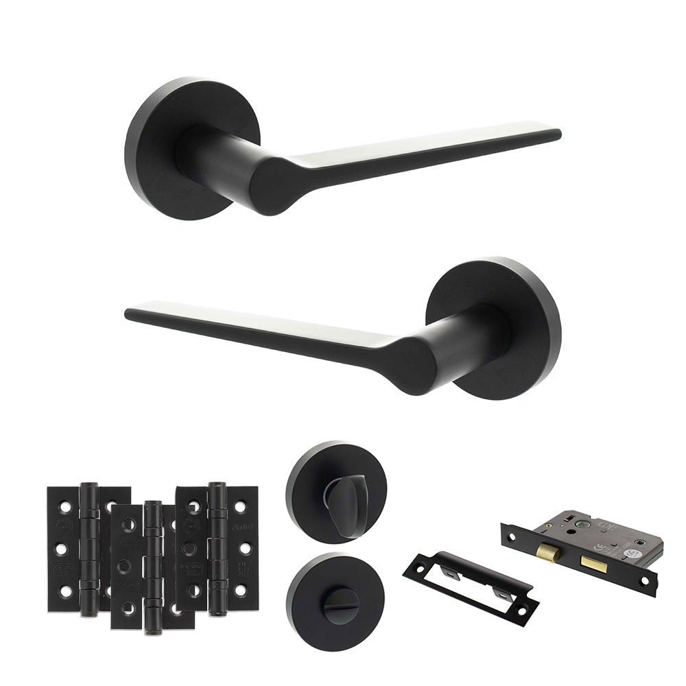 Senza Pari Laviano Door Handle Pack (Bathroom Set - 2.5" CE Bathroom Lock, 3" Fire Rated Hinges x3) - Matt Black