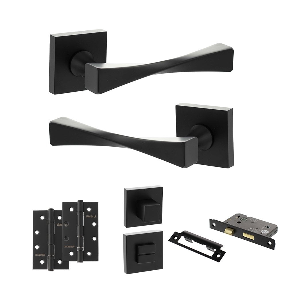 Atlantic UK Hardware Matt Black 2.5" Bathroom Set 4" Slim Knuckle Hinges x2 Senza Pari Guido on Square Rose ADPSP190MB12