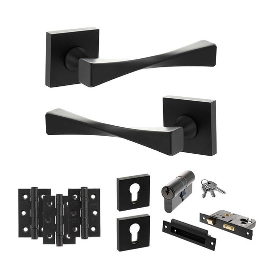 Atlantic UK Hardware Matt Black 2.5" Euro Lock Set 3" Grade 7 Hinges x3 Senza Pari Guido on Square Rose ADPSP190MB20