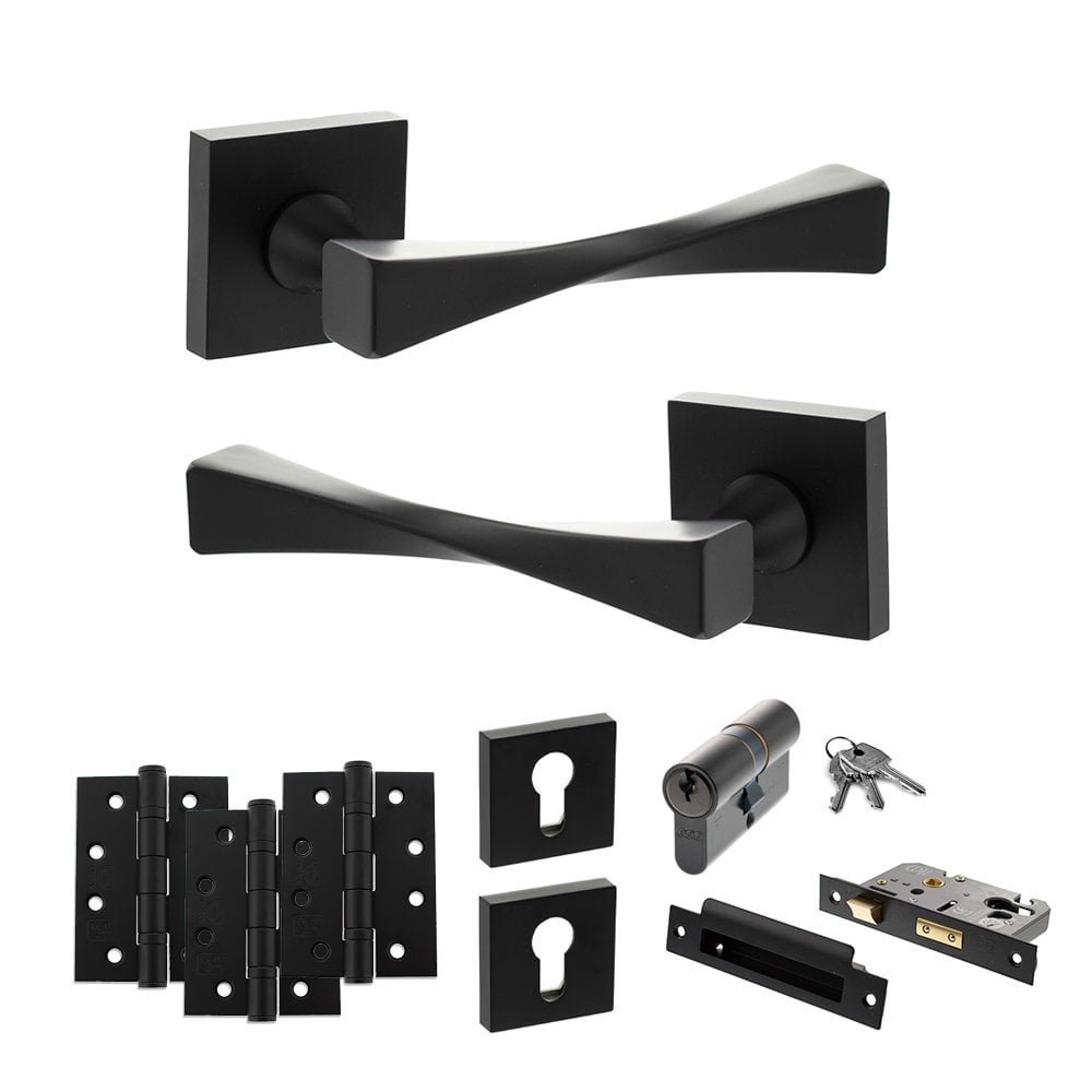 Atlantic UK Hardware Matt Black 2.5" Euro Lock Set 4" Grade 13 Hinges x3 Senza Pari Guido on Square Rose ADPSP190MB22