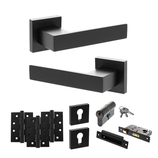 Atlantic UK Hardware Matt Black 2.5" Euro Lock Set 4" Grade 13 Hinges x3 Senza Pari Panetti on Square Rose ADPSP217MB22