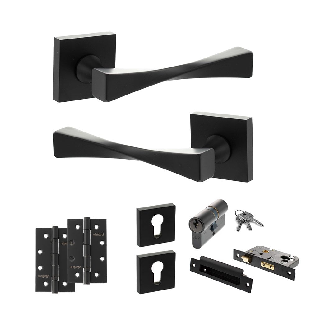 Atlantic UK Hardware Matt Black 2.5" Euro Lock Set 4" Slim Knuckle Hinges x2 Senza Pari Guido on Square Rose ADPSP190MB2