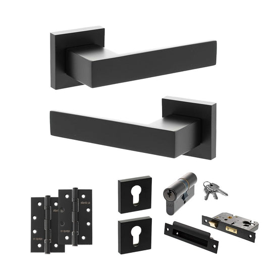 Atlantic UK Hardware Matt Black 2.5" Euro Lock Set 4" Slim Knuckle Hinges x2 Senza Pari Panetti on Square Rose ADPSP217M