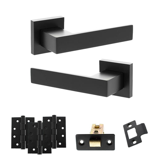 Atlantic UK Hardware Matt Black 2.5" Latch Set 4" Grade 13 Hinges x3 Senza Pari Panetti on Square Rose ADPSP217MB3