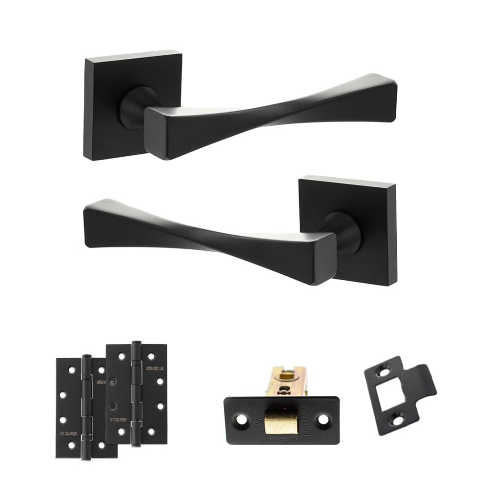 Atlantic UK Hardware Matt Black 2.5" Latch Set 4" Slim Knuckle Hinges x2 Senza Pari Guido on Square Rose ADPSP190MB5