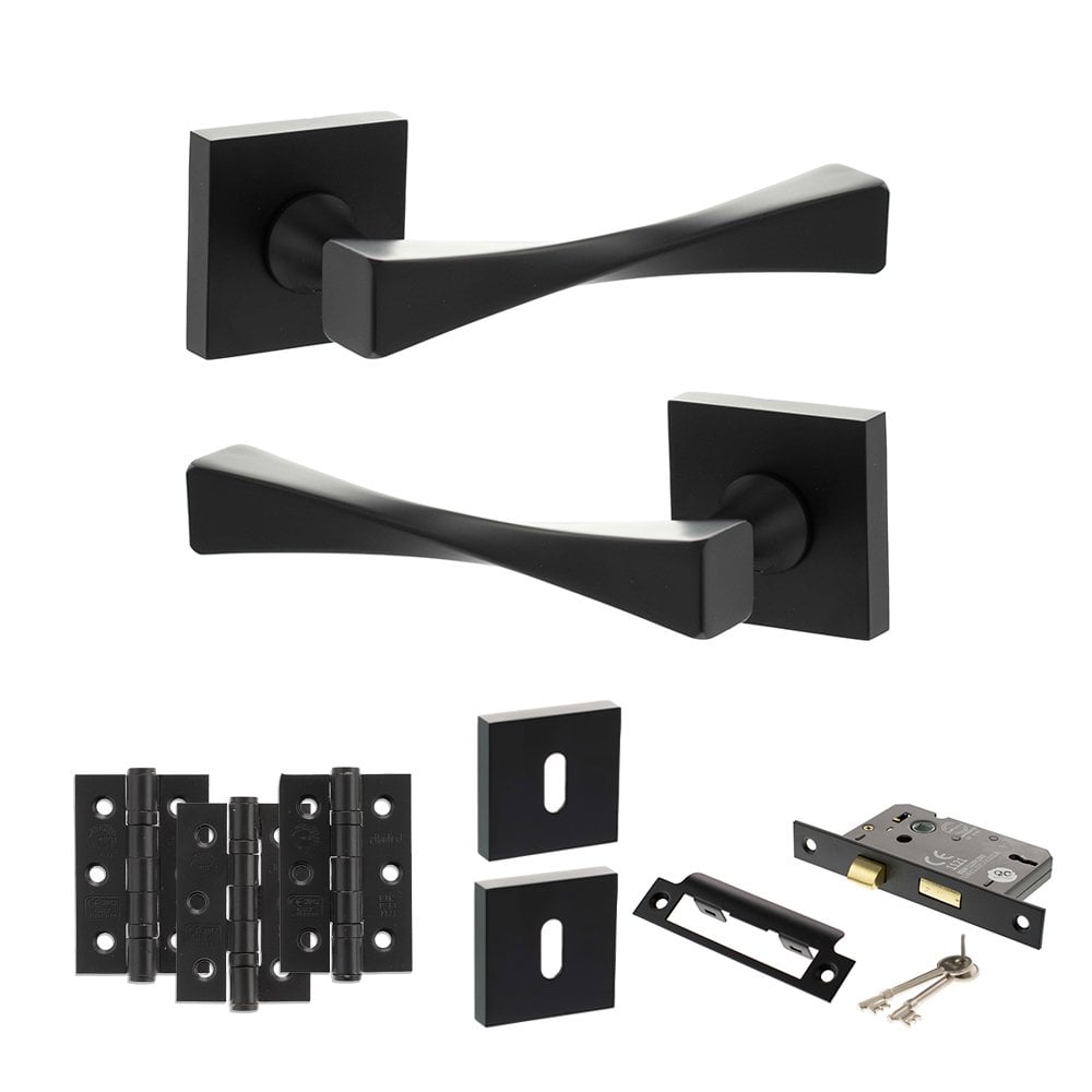 Atlantic UK Hardware Matt Black 2.5" Sashlock Lock Set 3" Grade 7 Hinges x3 Senza Pari Guido on Square Rose ADPSP190MB14