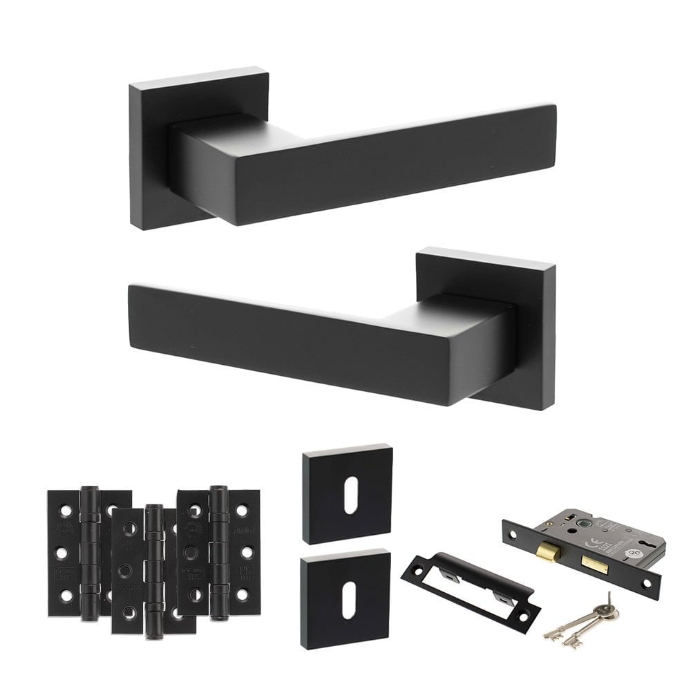 Atlantic UK Hardware Matt Black 2.5" Sashlock Lock Set 3" Grade 7 Hinges x3 Senza Pari Panetti on Square Rose ADPSP217MB