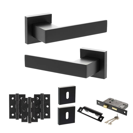 Atlantic UK Hardware Matt Black 2.5" Sashlock Lock Set 3" Grade 7 Hinges x3 Senza Pari Panetti on Square Rose ADPSP217MB