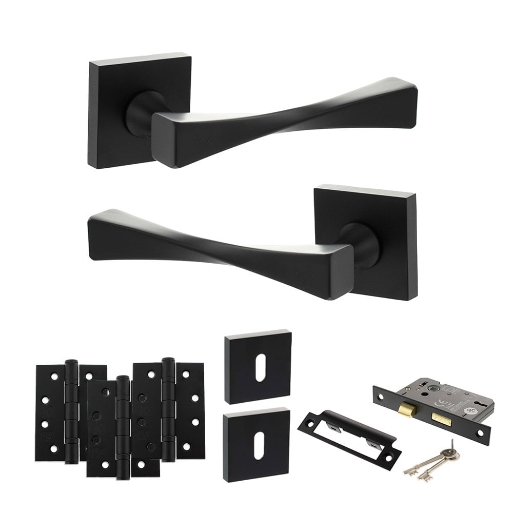 Atlantic UK Hardware Matt Black 2.5" Sashlock Lock Set 4" Grade 13 Hinges x3 Senza Pari Guido on Square Rose ADPSP190MB1