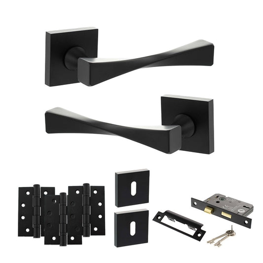 Atlantic UK Hardware Matt Black 2.5" Sashlock Lock Set 4" Grade 13 Hinges x3 Senza Pari Guido on Square Rose ADPSP190MB1