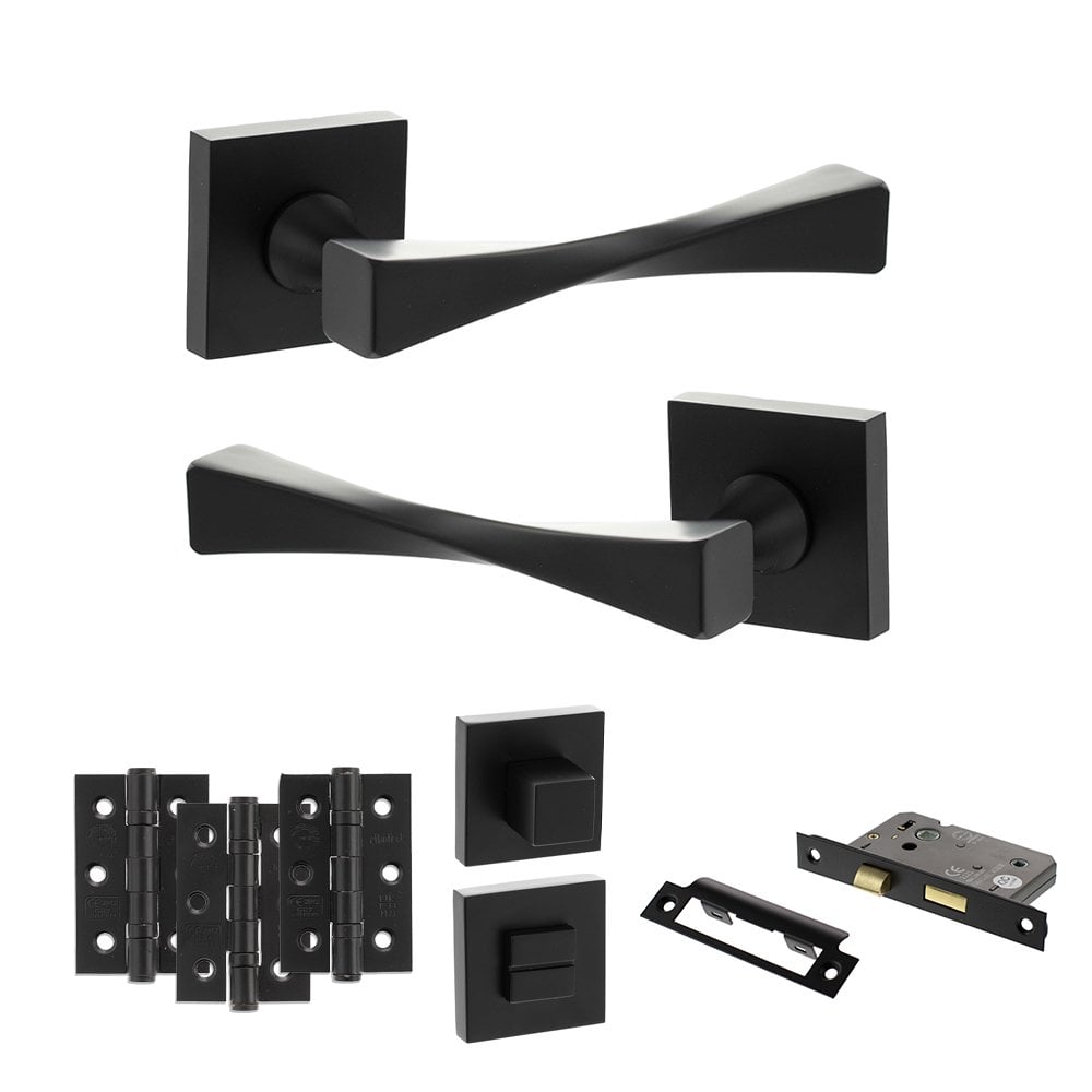 Atlantic UK Hardware Matt Black 3" Bathroom Set 3" Grade 7 Hinges x3 Senza Pari Guido on Square Rose ADPSP190MB9