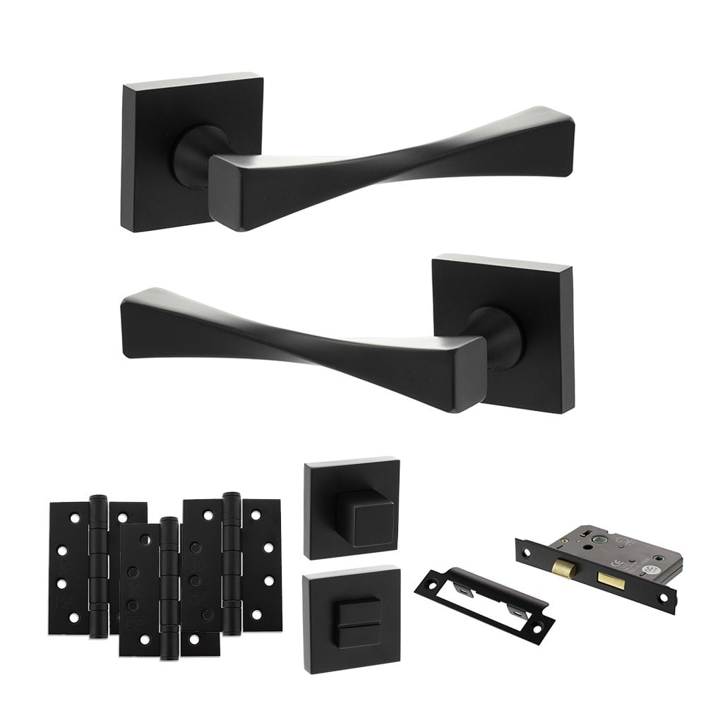 Atlantic UK Hardware Matt Black 3" Bathroom Set 4" Grade 13 Hinges x3 Senza Pari Guido on Square Rose ADPSP190MB11