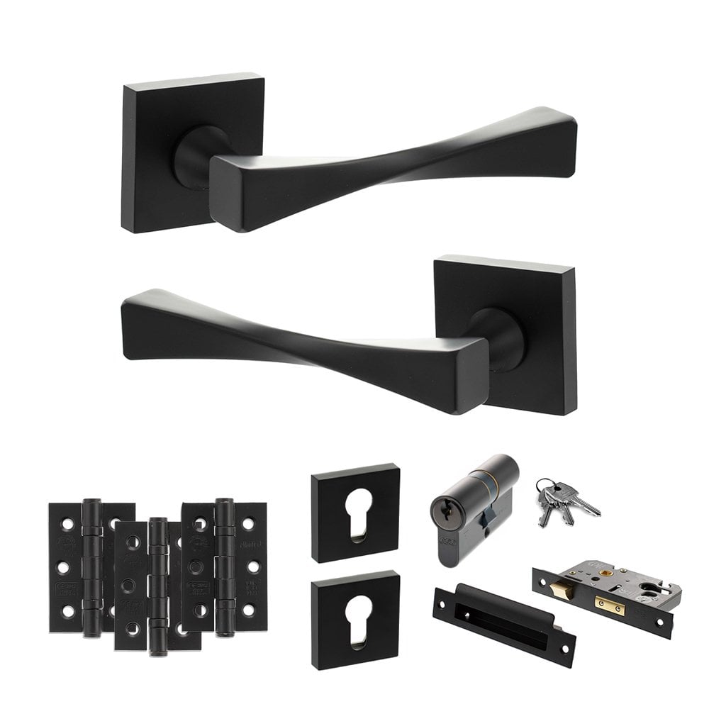 Atlantic UK Hardware Matt Black 3" Euro Lock Set 3" Grade 7 Hinges x3 Senza Pari Guido on Square Rose ADPSP190MB21