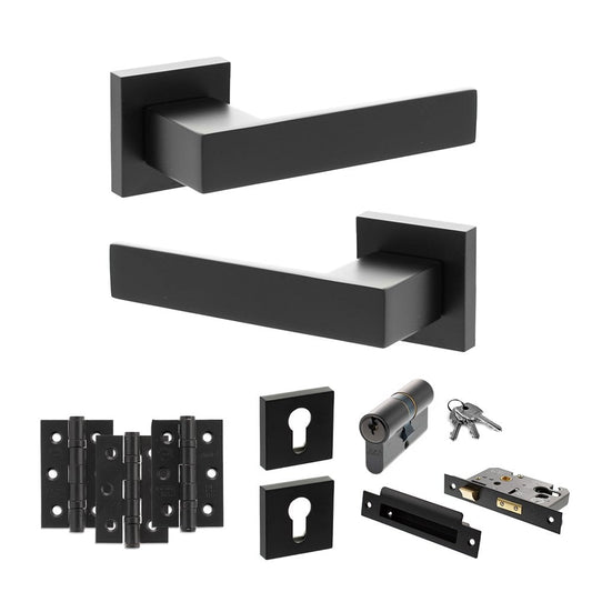 Atlantic UK Hardware Matt Black 3" Euro Lock Set 3" Grade 7 Hinges x3 Senza Pari Panetti on Square Rose ADPSP217MB21