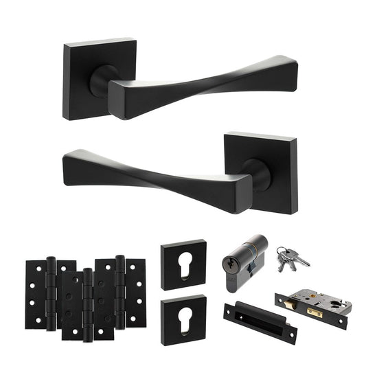 Atlantic UK Hardware Matt Black 3" Euro Lock Set 4" Grade 13 Hinges x3 Senza Pari Guido on Square Rose ADPSP190MB23