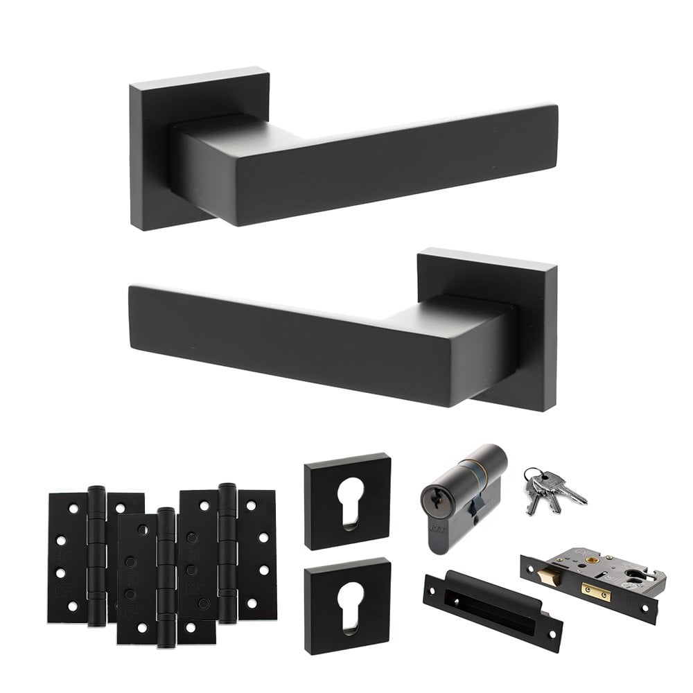 Atlantic UK Hardware Matt Black 3" Euro Lock Set 4" Grade 13 Hinges x3 Senza Pari Panetti on Square Rose ADPSP217MB23