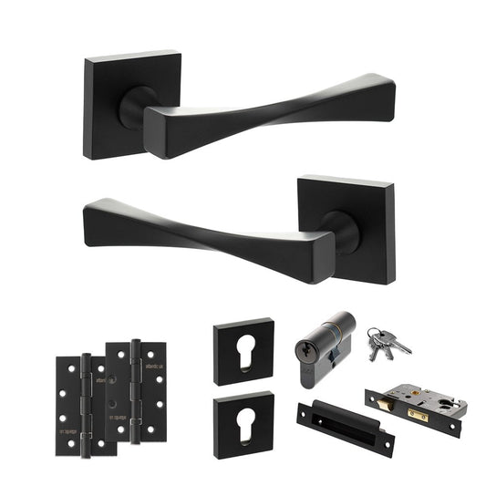 Atlantic UK Hardware Matt Black 3" Euro Lock Set 4" Slim Knuckle Hinges x2 Senza Pari Guido on Square Rose ADPSP190MB25