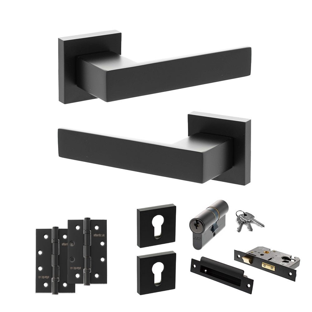 Atlantic UK Hardware Matt Black 3" Euro Lock Set 4" Slim Knuckle Hinges x2 Senza Pari Panetti on Square Rose ADPSP217MB2