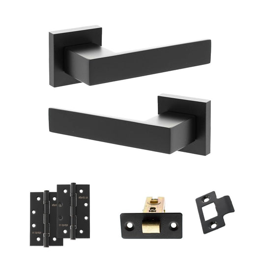 Atlantic UK Hardware Matt Black 3" Latch Set 4" Slim Knuckle Hinges x2 Senza Pari Panetti on Square Rose ADPSP217MB6