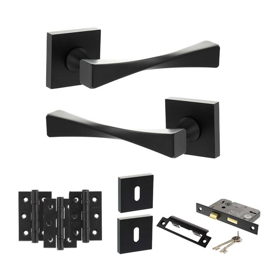 Atlantic UK Hardware Matt Black 3" Sashlock Lock Set 3" Grade 7 Hinges x3 Senza Pari Guido on Square Rose ADPSP190MB15