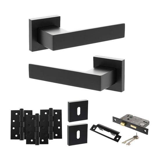 Atlantic UK Hardware Matt Black 3" Sashlock Lock Set 4" Grade 13 Hinges x3 Senza Pari Panetti on Square Rose ADPSP217MB1