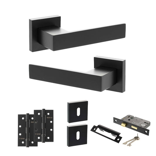 Atlantic UK Hardware Matt Black 3" Sashlock Lock Set 4" Slim Knuckle Hinges x2 Senza Pari Panetti on Square Rose ADPSP21