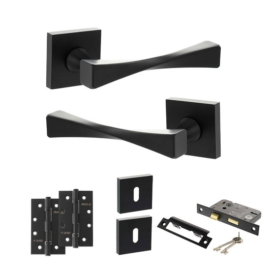 Atlantic UK Hardware Matt Black 32 Sashlock Lock Set 4" Slim Knuckle Hinges x2 Senza Pari Guido on Square Rose ADPSP190M