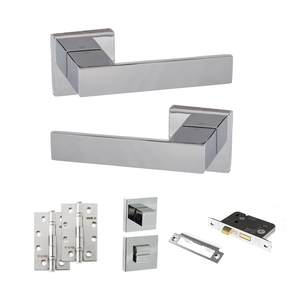 Atlantic UK Hardware Polished Chrome 2.5" Bathroom Set 4" Slim Knuckle Hinges x2 Senza Pari Panetti on Square Rose ADPSP