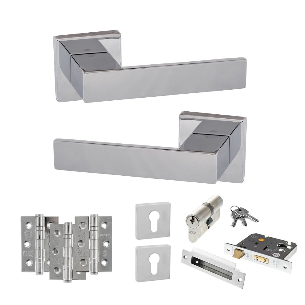 Atlantic UK Hardware Polished Chrome 2.5" Euro Lock Set 3" Grade 7 Hinges x3 Senza Pari Panetti on Square Rose ADPSP217C