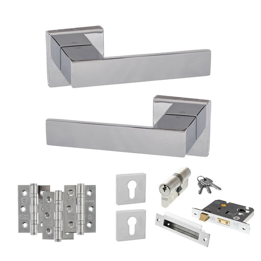 Atlantic UK Hardware Polished Chrome 2.5" Euro Lock Set 3" Grade 7 Hinges x3 Senza Pari Panetti on Square Rose ADPSP217C