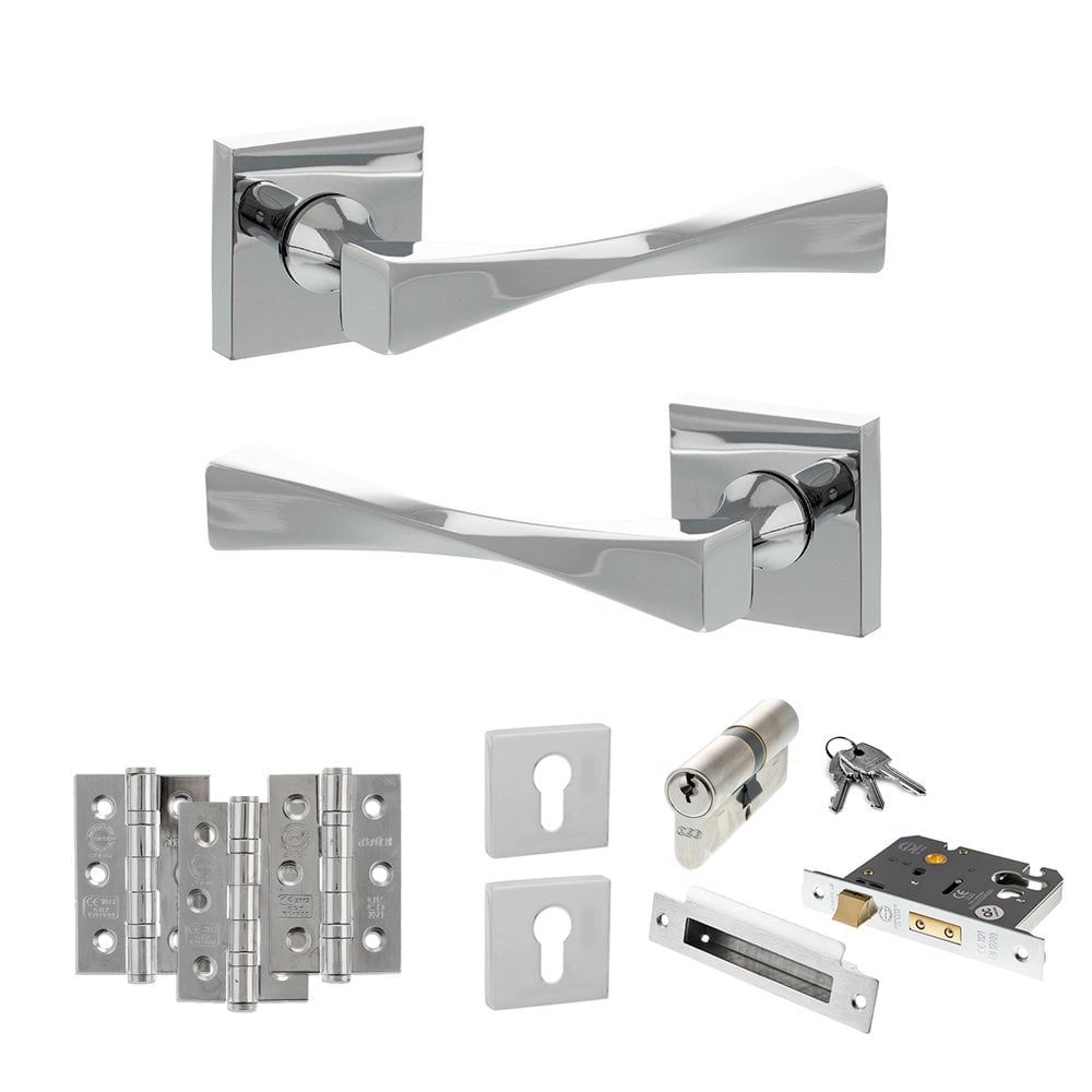 Atlantic UK Hardware Polished Chrome 2.5" Euro Lock Set 32 Grade 7 Hinges x3 Senza Pari Guido on Square Rose ADPSP190CP2