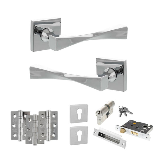 Atlantic UK Hardware Polished Chrome 2.5" Euro Lock Set 32 Grade 7 Hinges x3 Senza Pari Guido on Square Rose ADPSP190CP2