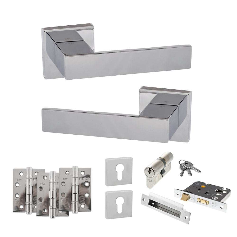 Atlantic UK Hardware Polished Chrome 2.5" Euro Lock Set 4" Grade 13 Hinges x3 Senza Pari Panetti on Square Rose ADPSP217