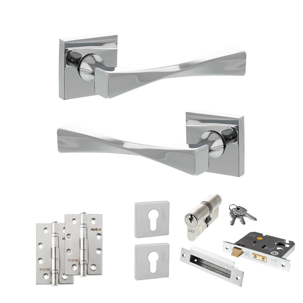 Atlantic UK Hardware Polished Chrome 2.5" Euro Lock Set 4" Slim Knuckle Hinges x2 Senza Pari Guido on Square Rose ADPSP1