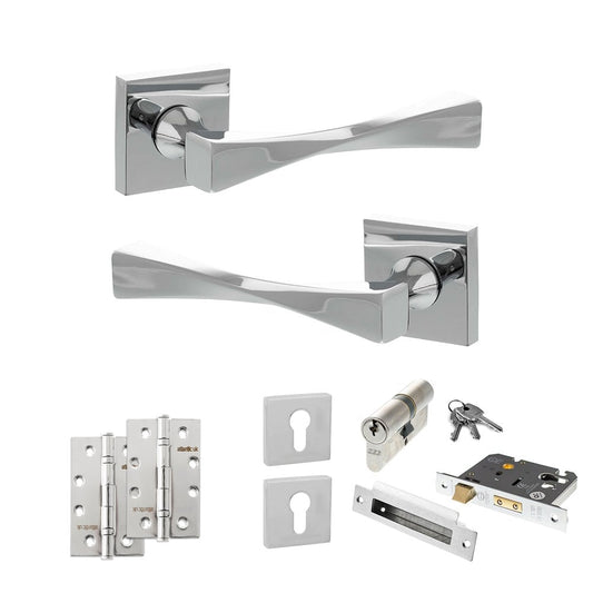 Atlantic UK Hardware Polished Chrome 2.5" Euro Lock Set 4" Slim Knuckle Hinges x2 Senza Pari Guido on Square Rose ADPSP1