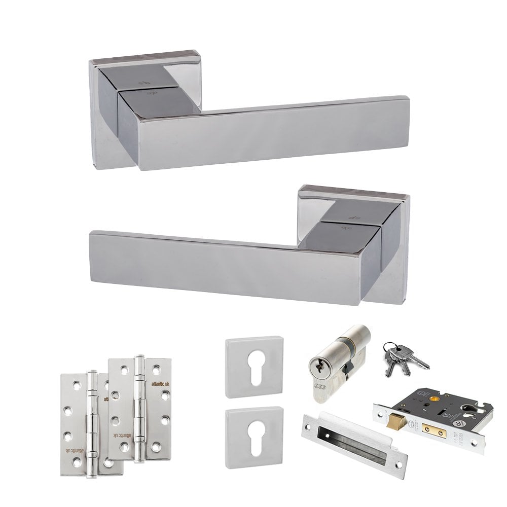 Atlantic UK Hardware Polished Chrome 2.5" Euro Lock Set 4" Slim Knuckle Hinges x2 Senza Pari Panetti on Square Rose ADPS
