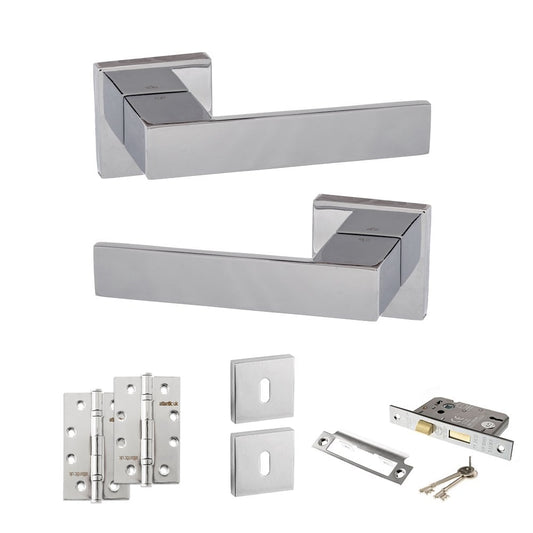 Atlantic UK Hardware Polished Chrome 2.5" Sashlock Lock Set 4" Slim Knuckle Hinges x2 Senza Pari Panetti on Square Rose 