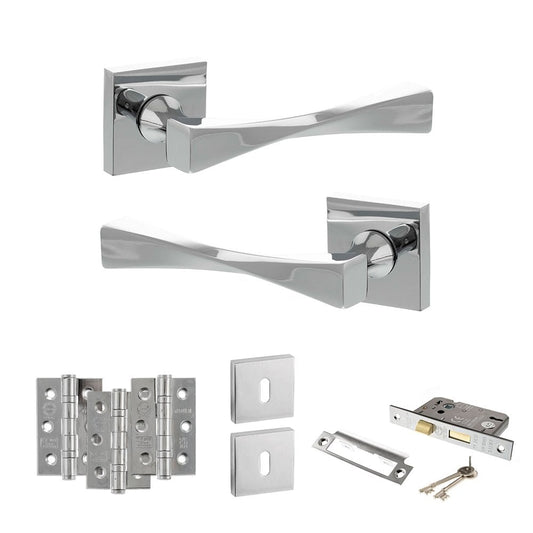Atlantic UK Hardware Polished Chrome 2.5" Sashlock Lock Set Senza Pari Guido on Square Rose 3" Grade 7 Hinges x3 ADPSP19