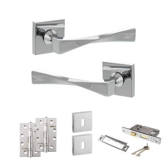 Atlantic UK Hardware Polished Chrome 2.5" Sashlock Lock Set Senza Pari Guido on Square Rose 4" Slim Knuckle Hinges x2 AD
