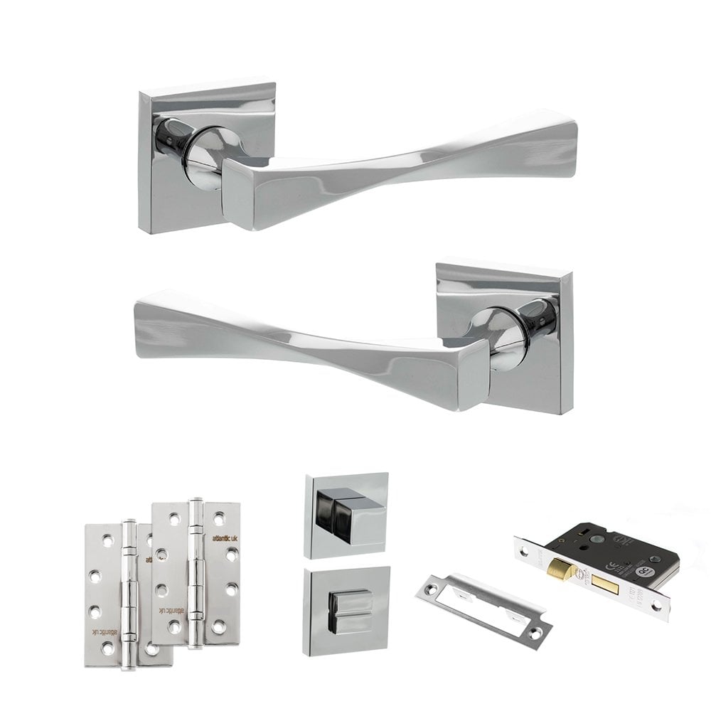 Atlantic UK Hardware Polished Chrome 3" Bathroom Set 4" Slim Knuckle Hinges x2 Senza Pari Guido on Square Rose ADPSP190C