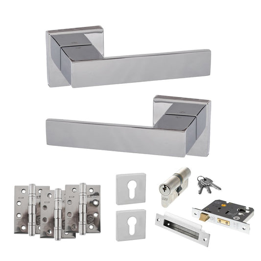 Atlantic UK Hardware Polished Chrome 3" Euro Lock Set 4" Grade 13 Hinges x3 Senza Pari Panetti on Square Rose ADPSP217CP