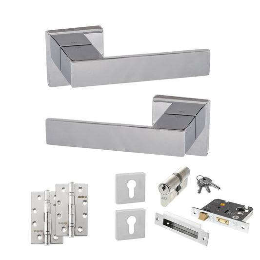 Atlantic UK Hardware Polished Chrome 3" Euro Lock Set 4" Slim Knuckle Hinges x2 Senza Pari Panetti on Square Rose ADPSP2
