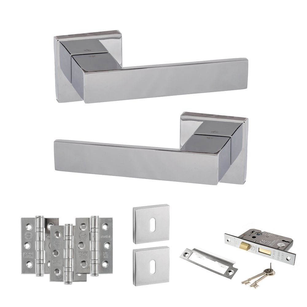 Atlantic UK Hardware Polished Chrome 3" Sashlock Lock Set 3" Grade 7 Hinges x3 Senza Pari Panetti on Square Rose ADPSP21