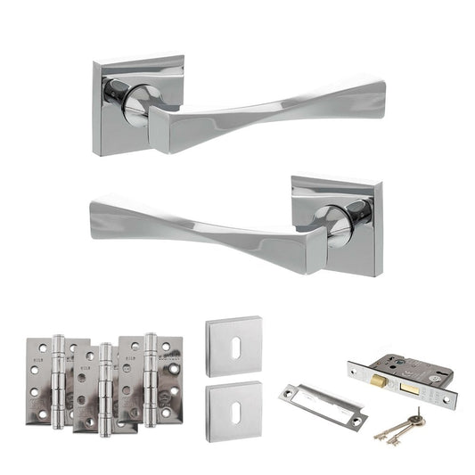 Atlantic UK Hardware Polished Chrome 3" Sashlock Lock Set Senza Pari Guido on Square Rose 4" Grade 13 Hinges x3 ADPSP190
