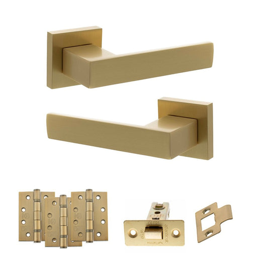Atlantic UK Hardware Satin Brass 2.5" Latch Set 4" Grade 13 Hinges x3 Senza Pari Panetti on Square Rose ADPSP217SB3