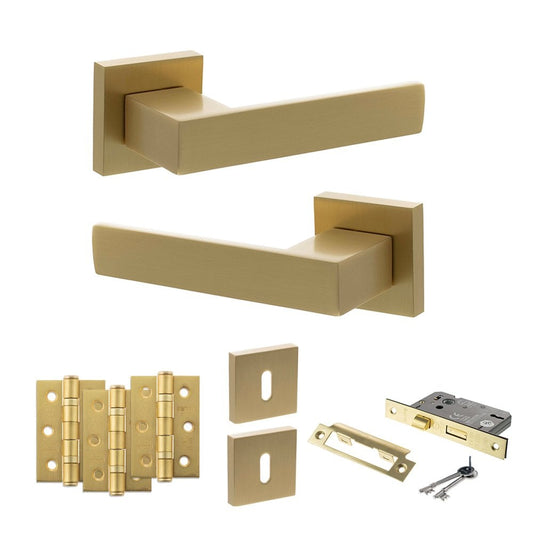Atlantic UK Hardware Satin Brass 2.5" Sashlock Lock Set 3" Grade 7 Hinges x3 Senza Pari Panetti on Square Rose ADPSP217S