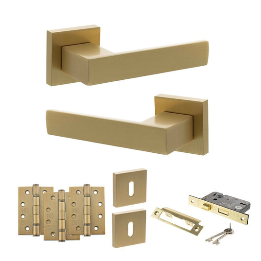 Atlantic UK Hardware Satin Brass 2.5" Sashlock Lock Set 4" Grade 13 Hinges x3 Senza Pari Panetti on Square Rose ADPSP217