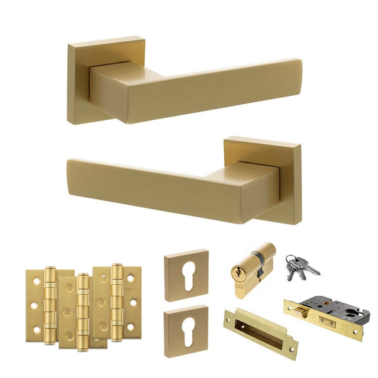 Atlantic UK Hardware Satin Brass 2.52 Euro Lock Set 3" Grade 7 Hinges x3 Senza Pari Panetti on Square Rose ADPSP217SB20