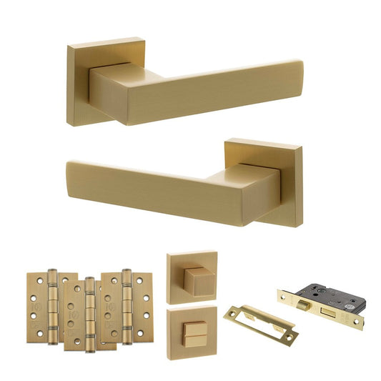 Atlantic UK Hardware Satin Brass 3" Bathroom Set 4" Grade 13 Hinges x3 Senza Pari Panetti on Square Rose ADPSP217SB11