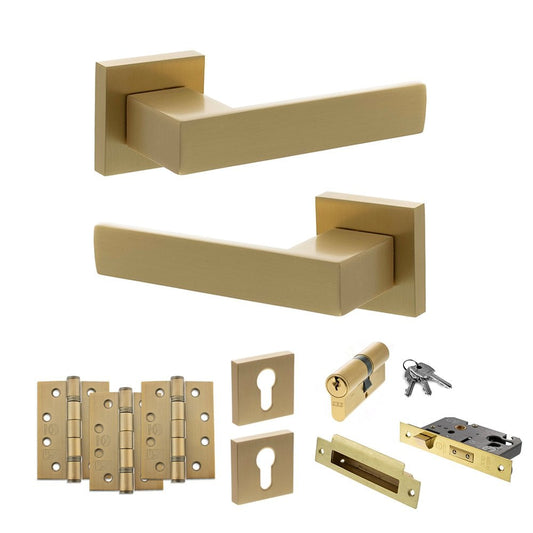 Atlantic UK Hardware Satin Brass 3" Euro Lock Set 4" Grade 13 Hinges x3 Senza Pari Panetti on Square Rose ADPSP217SB23